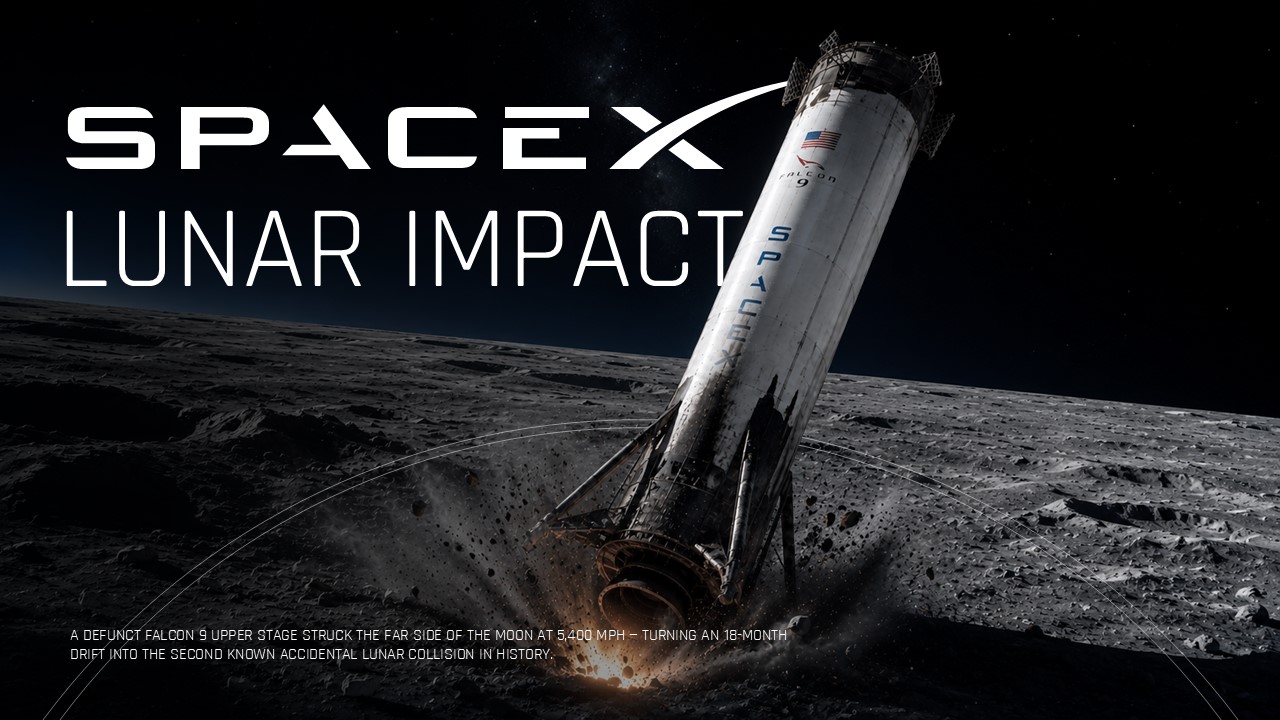 SpaceX Lunar Impact Template - 2x2 KPI card grid with cyan metric values, icons, rocket and moon illustrations
