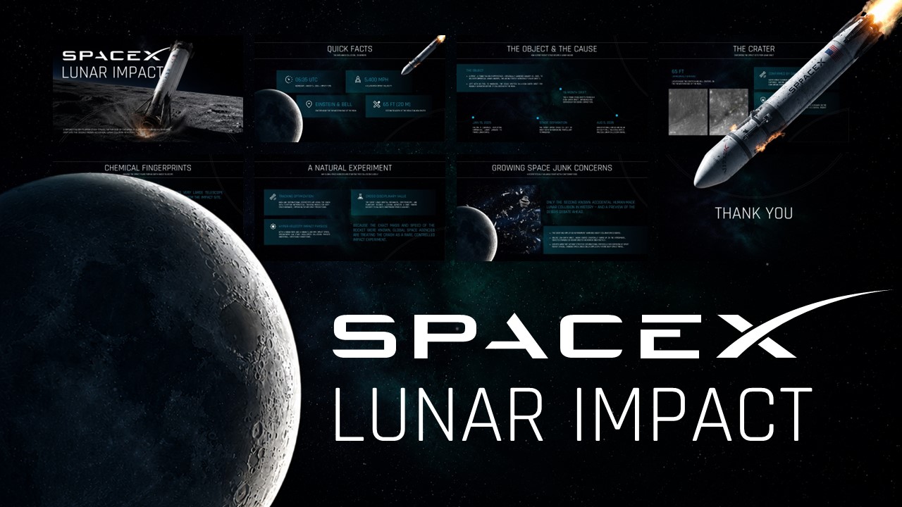 SpaceX Lunar Impact Template - cinematic cover slide with bold title and rocket crash illustration on black background