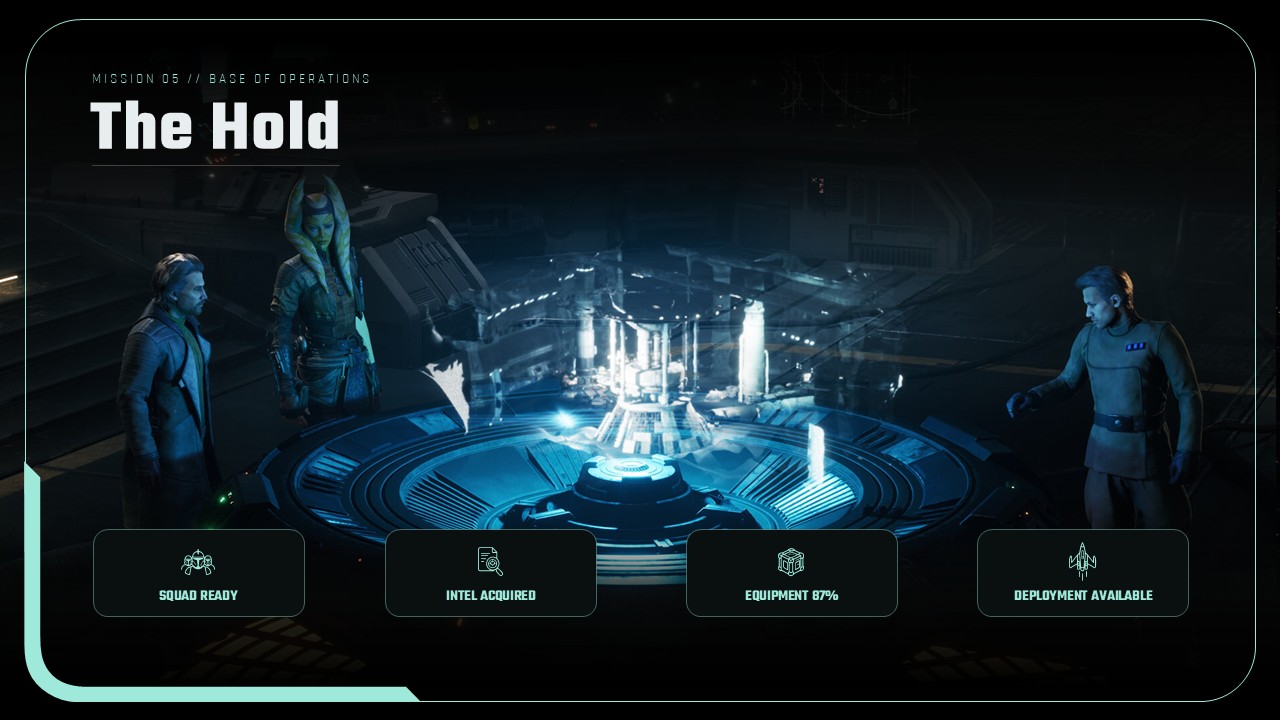 Star Wars Zero Company Base Operations - strategic map slide with isometric screenshot, location labels, and mission detail card