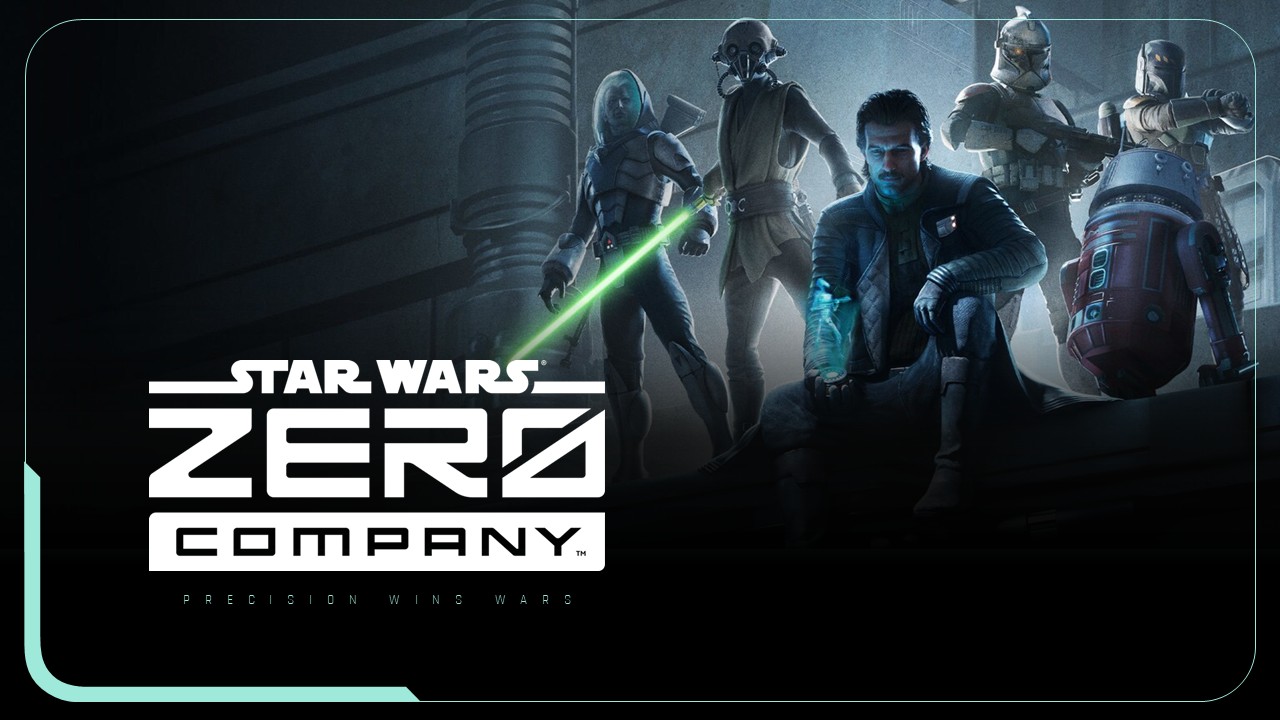 Star Wars Zero Company Closing Slide - branded end screen with logo, monospaced tagline, and dramatic character imagery