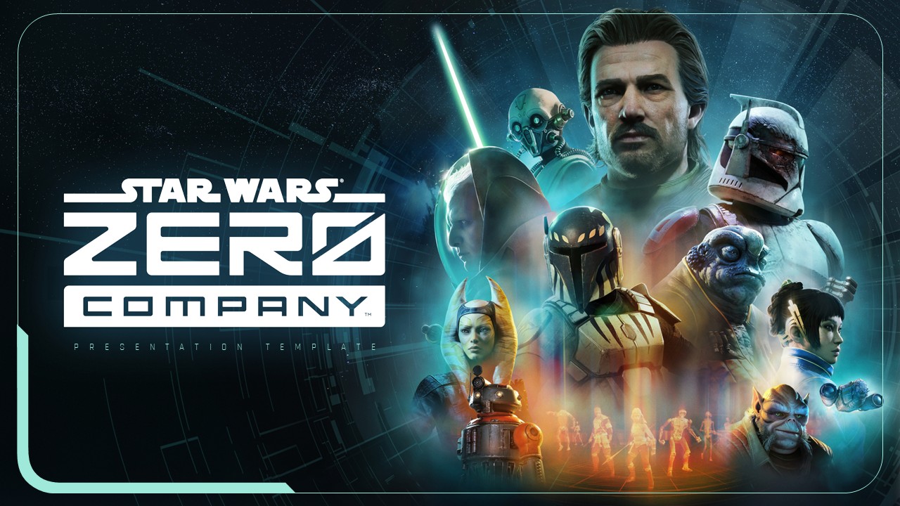 Star Wars Zero Company Slides Template - mission briefing slide with gameplay screenshot and three KPI status boxes