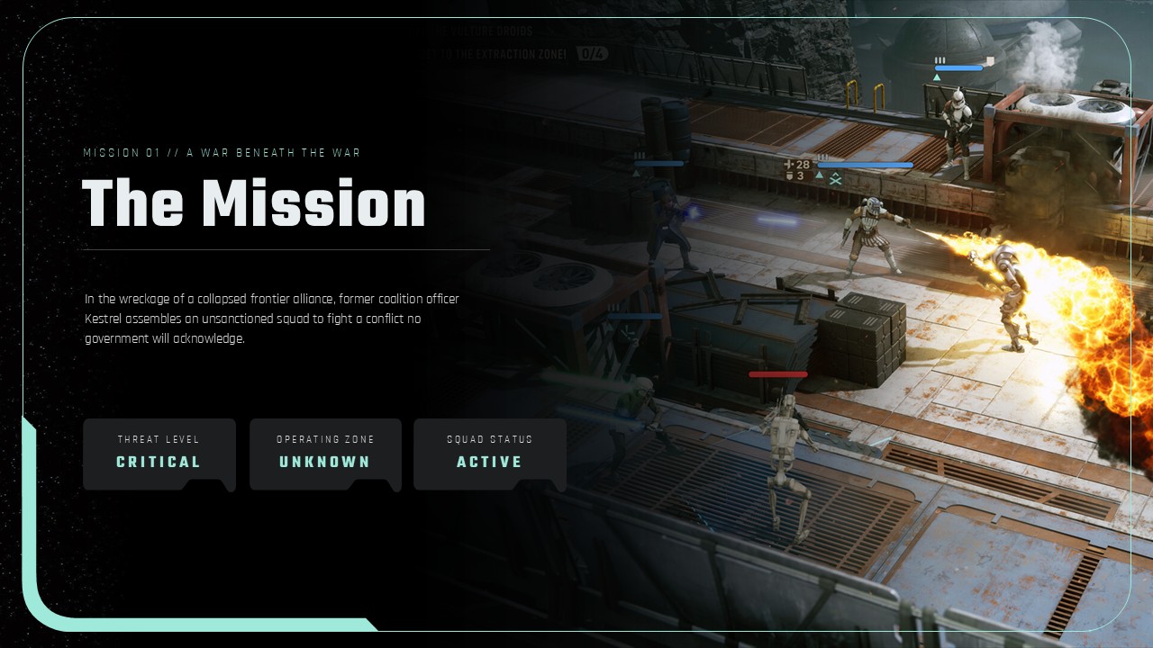 Star Wars Zero Company Mission Overview - character bio slide with four teal skill progress bars and blueprint illustration
