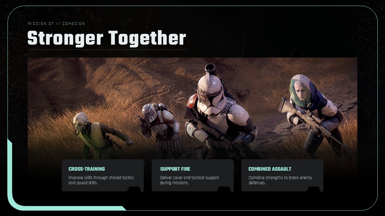 Star Wars Zero Company Squad Cohesion - red alert threat assessment slide with four intel data tiles and warning banner