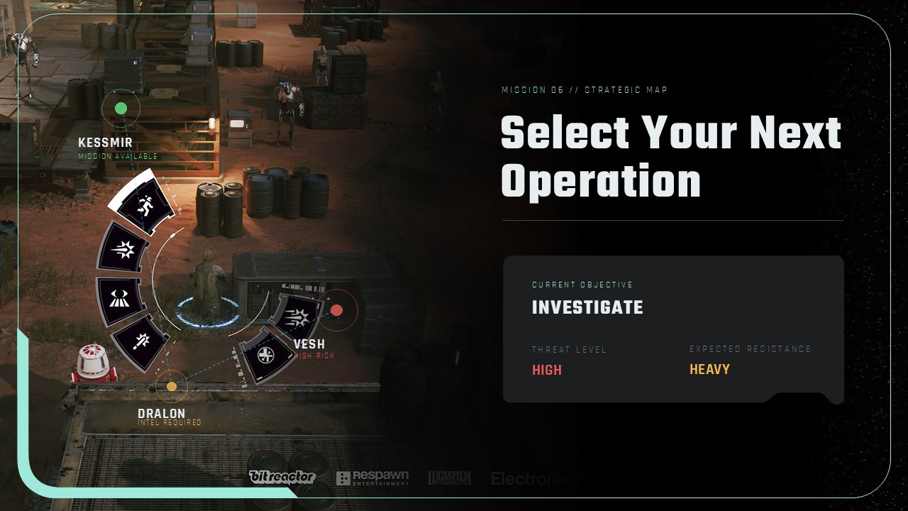 Star Wars Zero Company Strategic Map - squad cohesion slide with cinematic hero image and three feature benefit cards