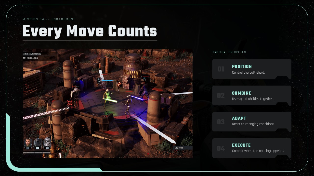 Star Wars Zero Company Tactical Priorities - base operations dashboard with cinematic image and four icon status tiles
