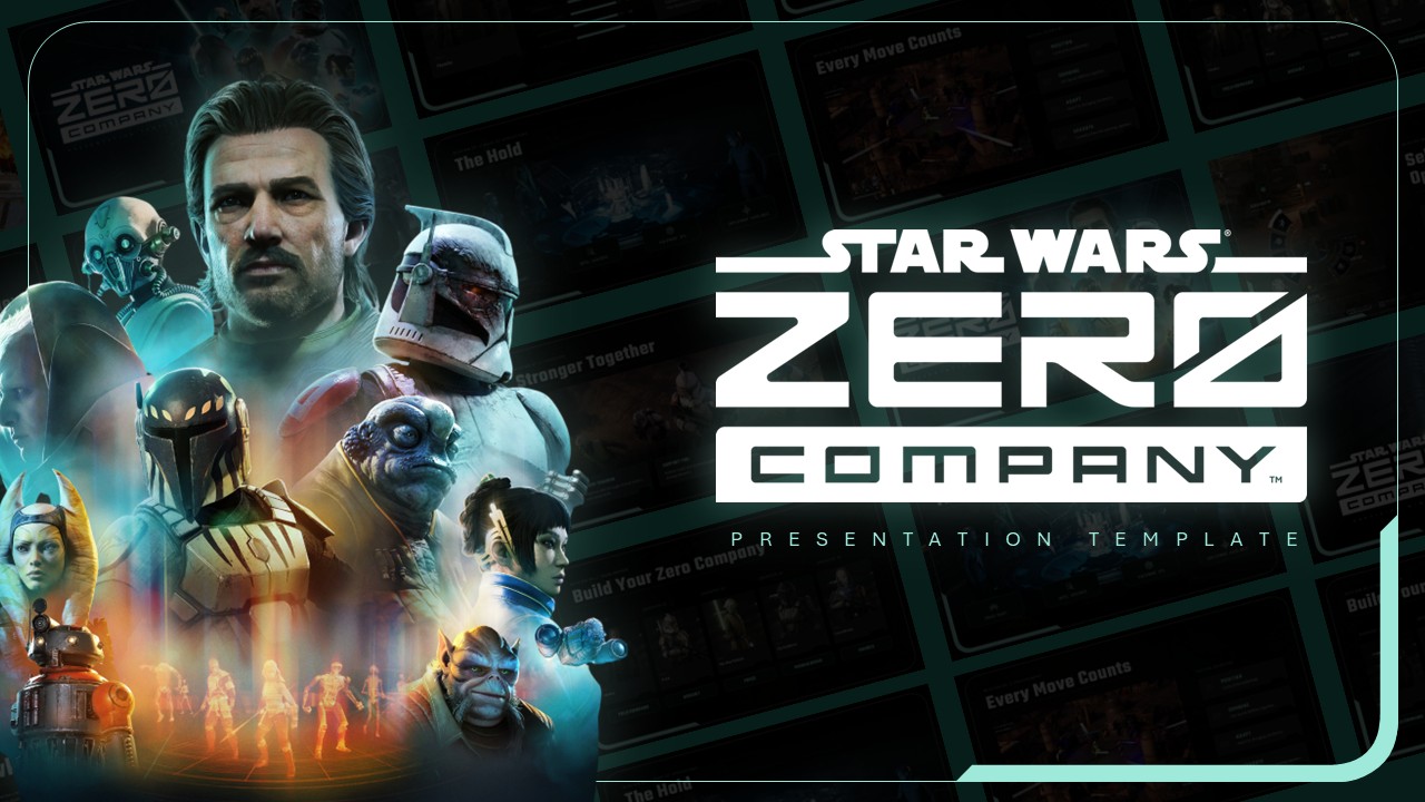Star Wars Zero Company Template - cinematic cover with character collage, teal accents, and slide preview grid