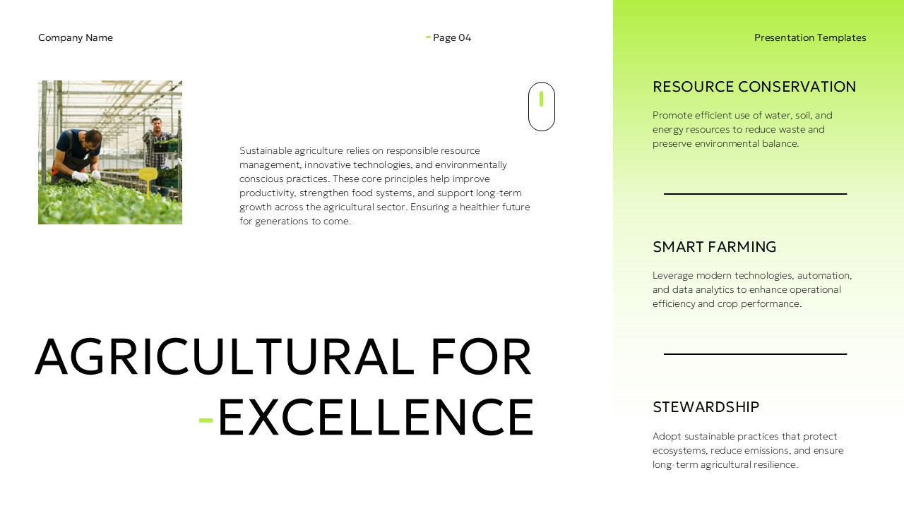 Sustainable Agriculture Core Principles Template - Bold typographic anchor with three-pillar lime green right panel