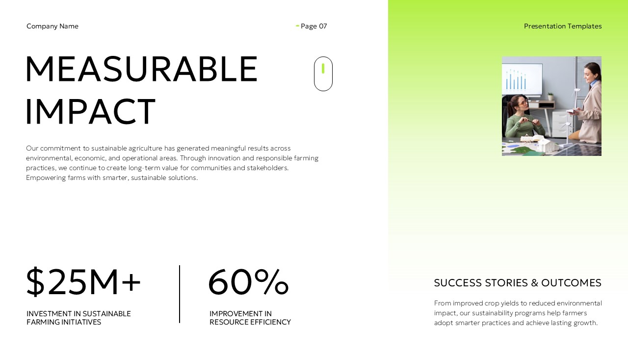 Sustainable Agriculture Measurable Impact Template - $25M investment and 60% efficiency KPIs with green right panel