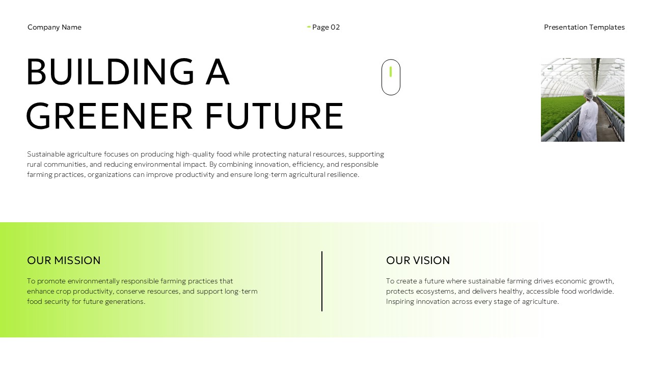 Sustainable Agriculture Mission Vision Template - Clean white slide with dual green columns for mission and vision statements