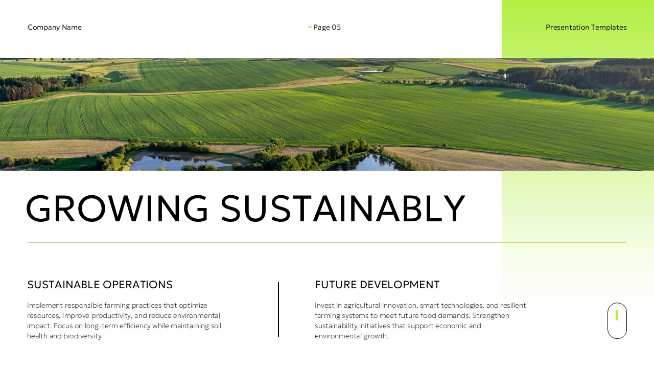 Sustainable Agriculture Operations Development Template - Aerial farm banner above split strategy columns