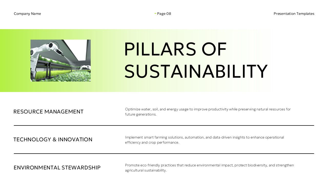 Sustainable Agriculture Pillars of Sustainability Template - Green banner header above three-row structured framework list