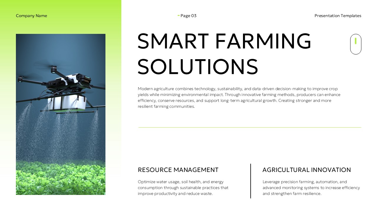 Sustainable Agriculture Smart Farming Solutions Template - Split panel with green image sidebar and dual feature columns
