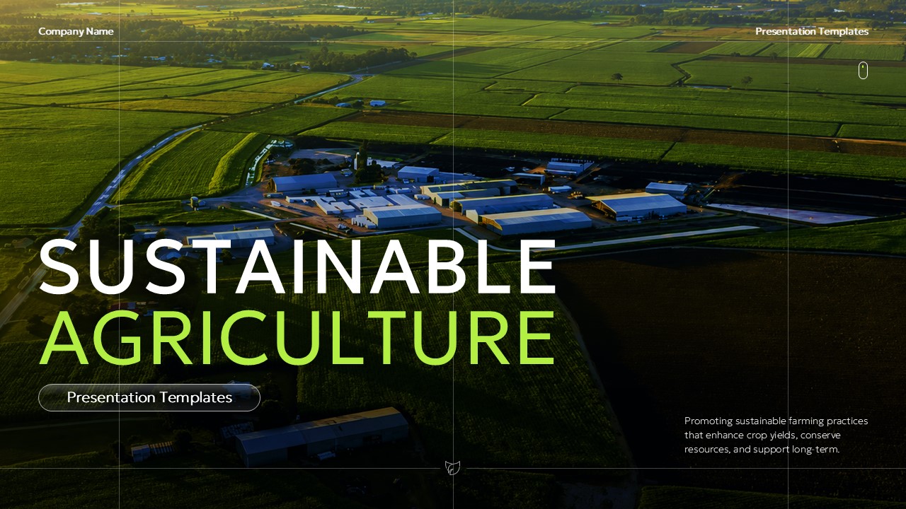 Sustainable Agriculture Template - Cinematic aerial farm cover slide with bold white and lime green headline