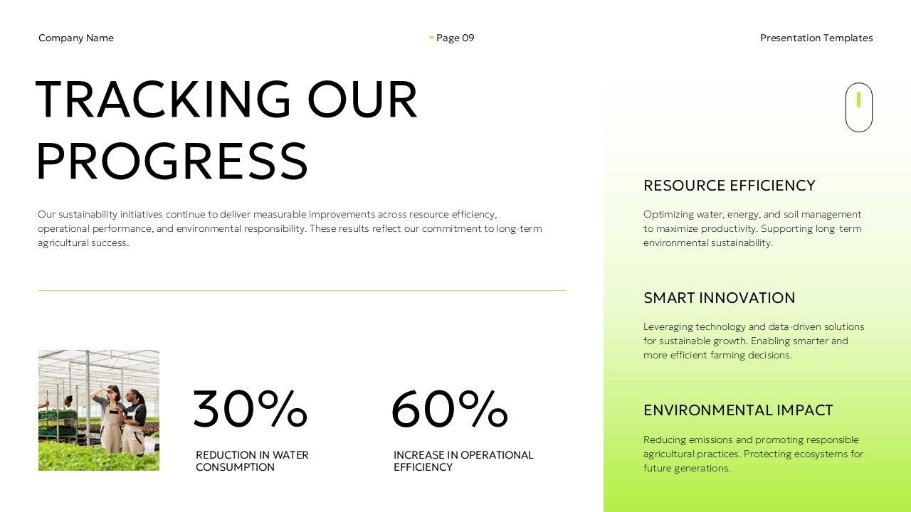 Sustainable Agriculture Tracking Progress Template - Progress metrics with 30% and 60% KPIs beside a green module panel