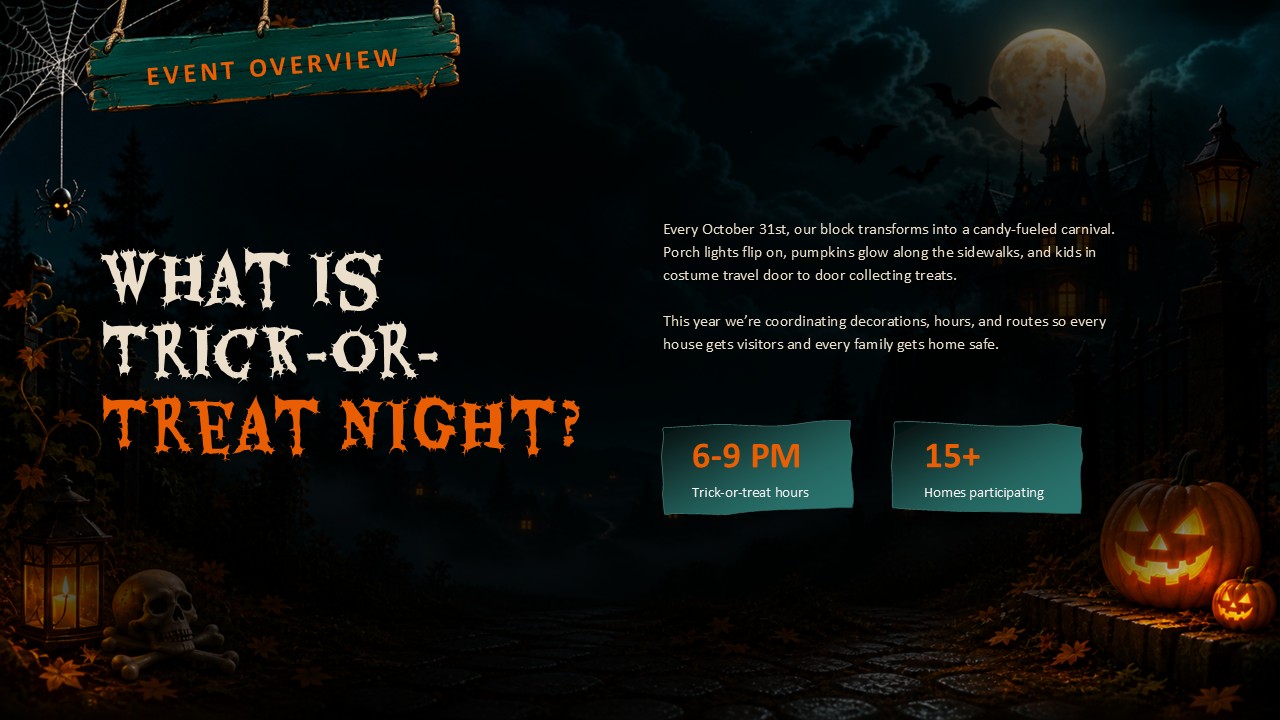 Halloween Event Overview Slide with Key Stats