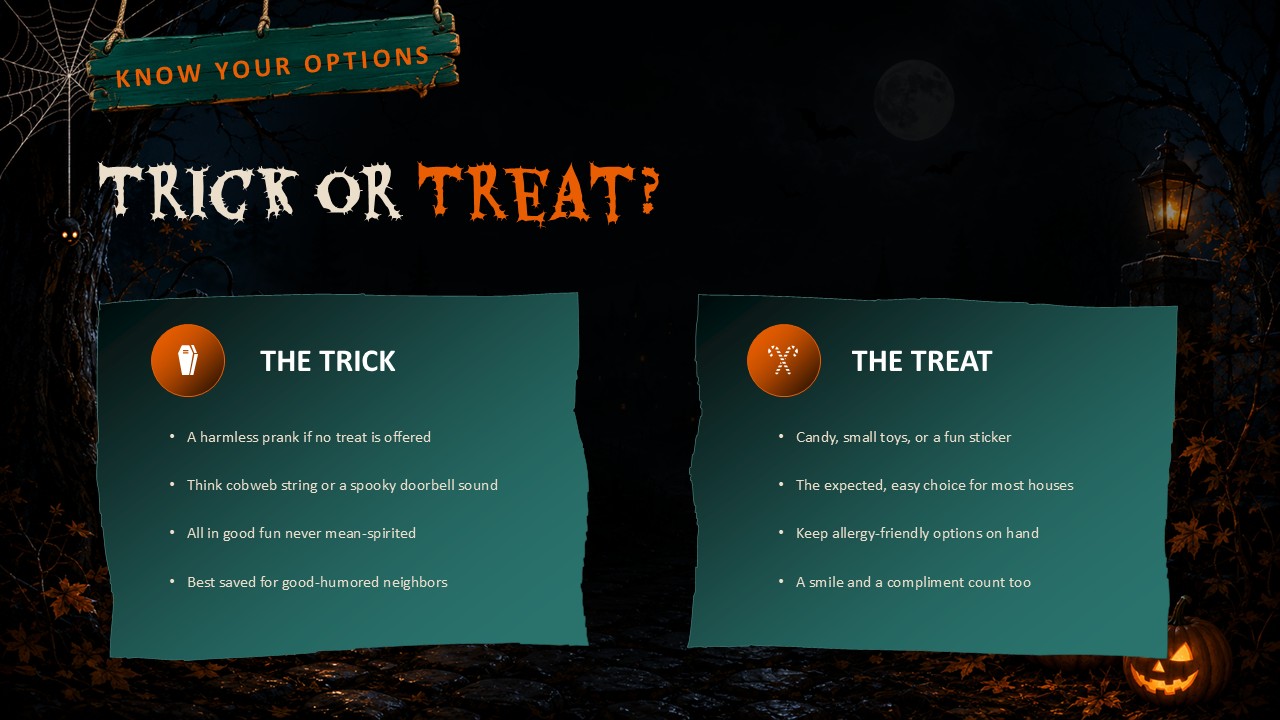 Trick or Treat Comparison Slide - Two-Column Layout