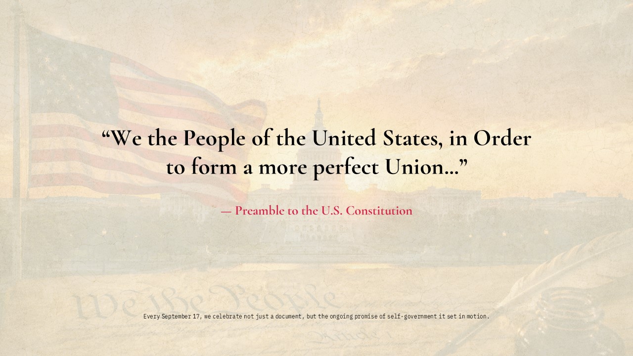Constitution Day Template - Closing quote slide featuring the U.S. Constitution Preamble over a golden Capitol and flag background