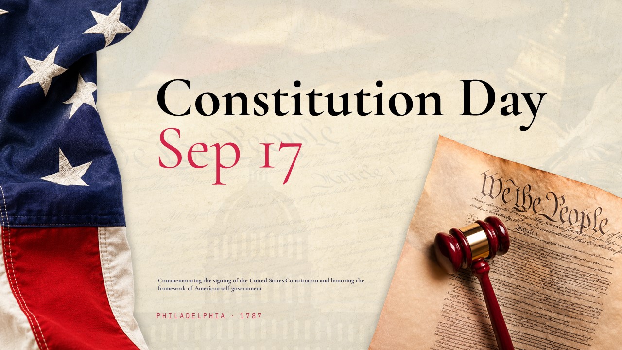 Constitution Day Template - Title cover slide with American flag, gavel, and We the People document on parchment background