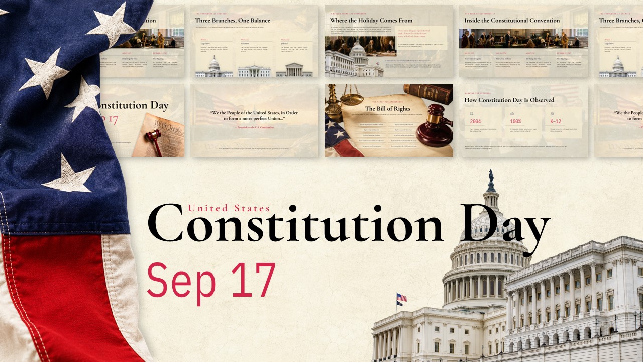Constitution Day Template - Multi-slide preview with parchment design, American flag, and Sep 17 date callout