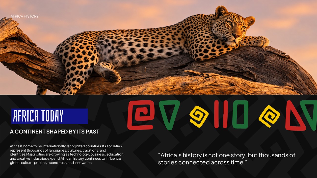 Africa History Template - Africa Today closing slide with leopard sunset photo, summary text, and inspirational pull quote