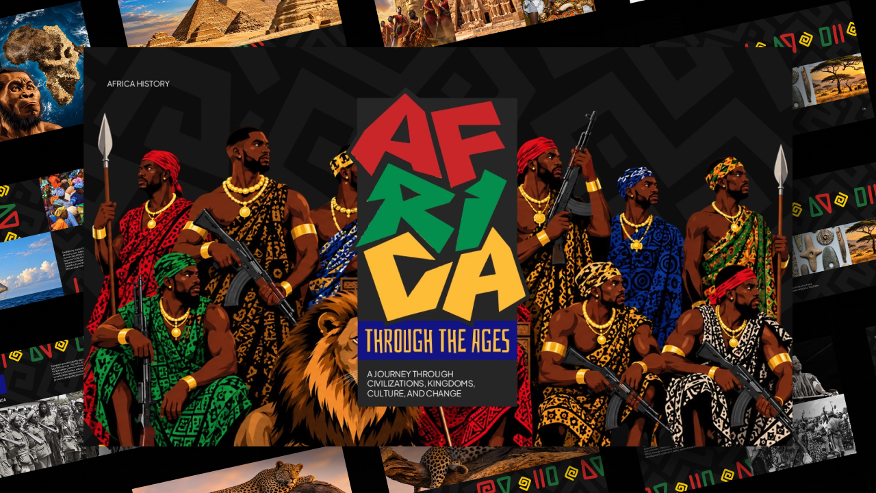 Africa History Template - 3D mockup of 11-slide deck with Pan-African red, yellow, green palette and Adinkra symbols