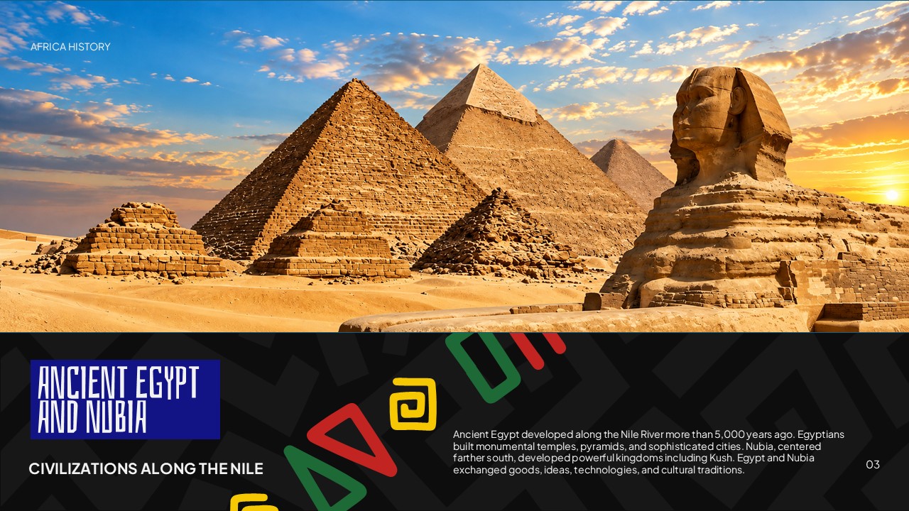 Africa History Template - Ancient Egypt slide with Great Pyramids and Sphinx sunset photo, Adinkra symbol accents