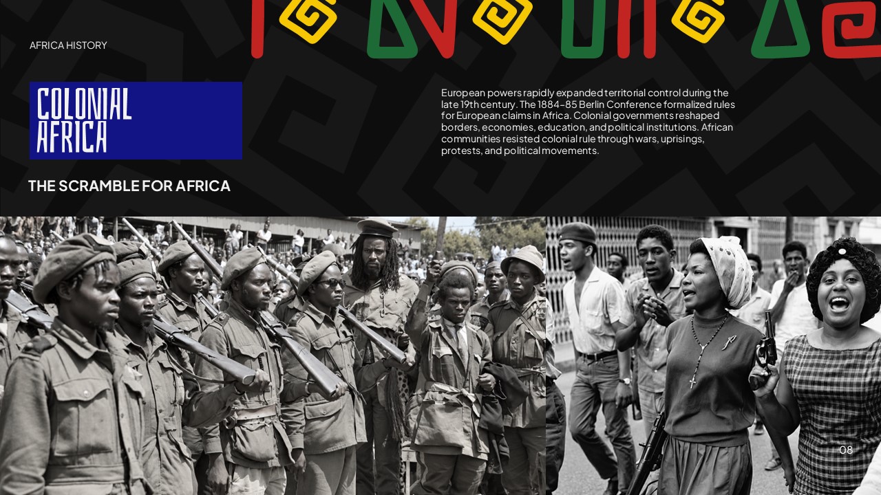 Africa History Template - Colonial Africa slide with full-width black-and-white archival photo of soldiers and resistance