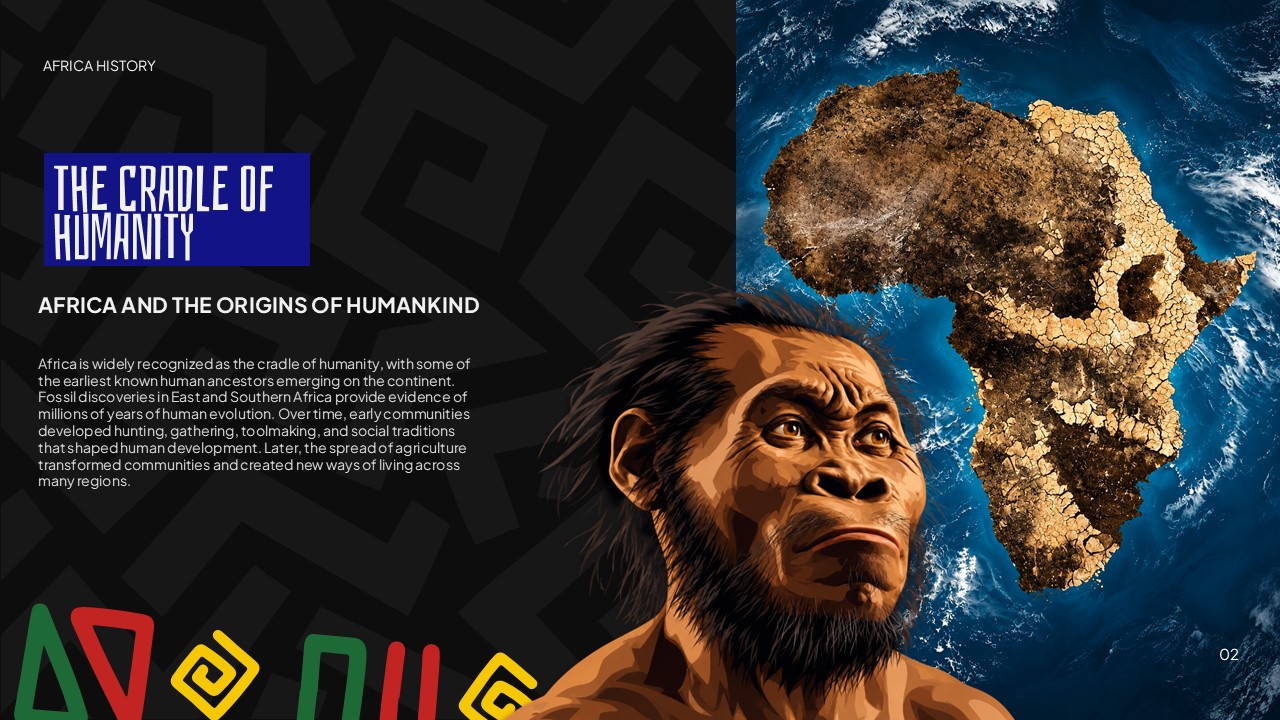 Africa History Template - Cradle of Humanity slide with hominid ancestor illustration and gold cracked-earth Africa map
