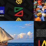 Africa History Template - East African Kingdoms slide with dhow sailing vessel and vibrant crowd photos in quad-panel grid