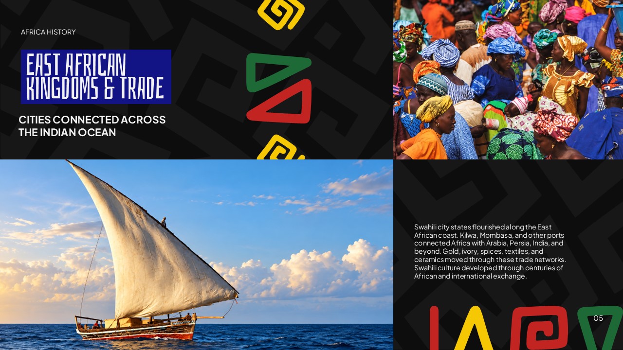 Africa History Template - East African Kingdoms slide with dhow sailing vessel and vibrant crowd photos in quad-panel grid