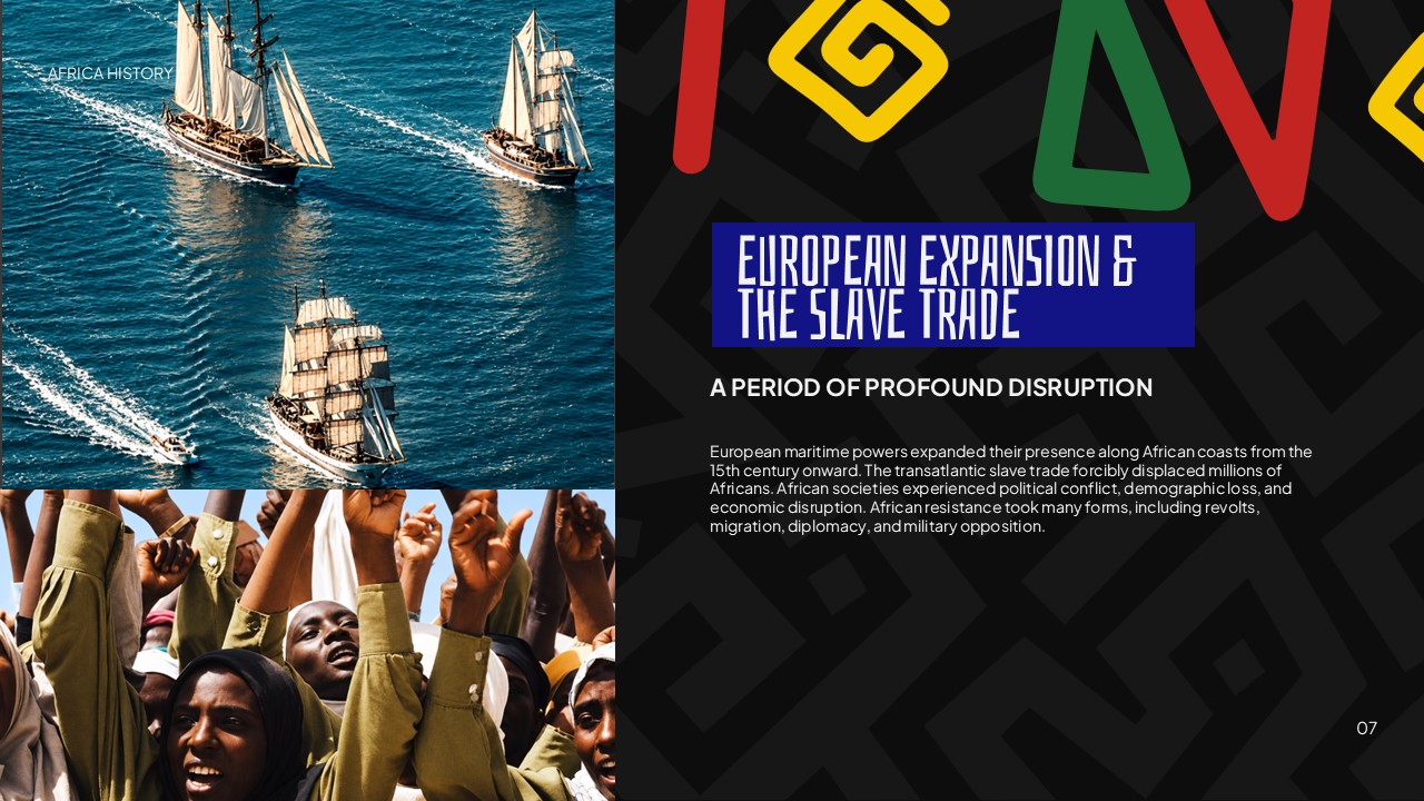 Africa History Template - European Expansion slide with tall ships and resistance crowd photos, dark two-column layout