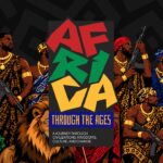Africa History Template - Title hero slide with 'The Cradle of Humanity' badge, hominid illustration, and gold Earth map