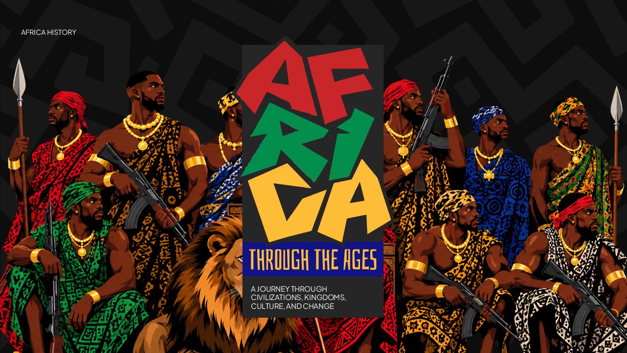 Africa History Template - Title hero slide with 'The Cradle of Humanity' badge, hominid illustration, and gold Earth map