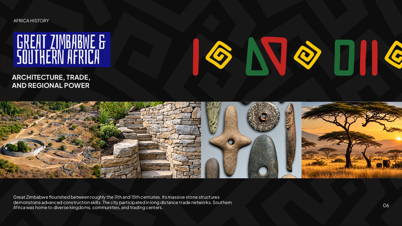 Africa History Template - Great Zimbabwe slide with four-panel image strip of ruins, stone walls, artifacts, and savanna
