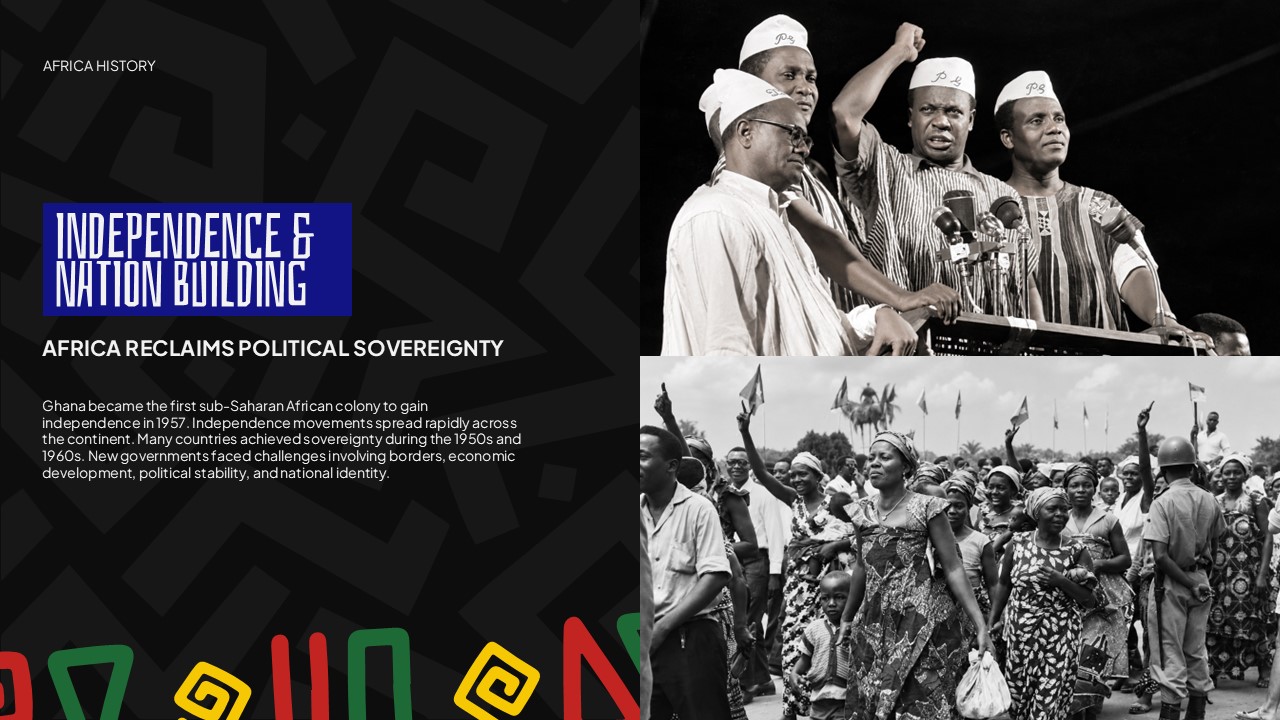 Africa History Template - Independence slide with two archival photos of leaders at podium and celebrating crowds