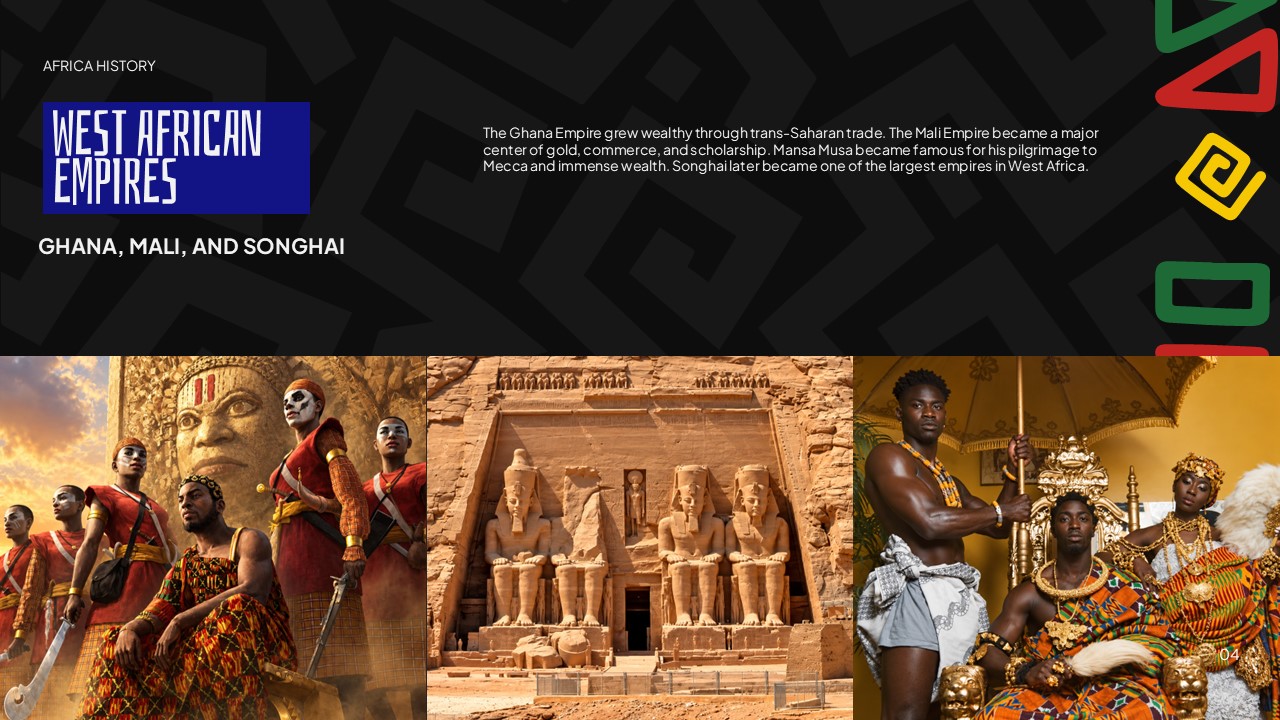 Africa History Template - West African Empires slide with three-panel photo gallery of warriors, temples, and royalty