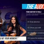 Americas Got Talent Show Golden Buzzer Moment Template - Full-bleed red curtain background with massive gold typography and confetti particle overlay