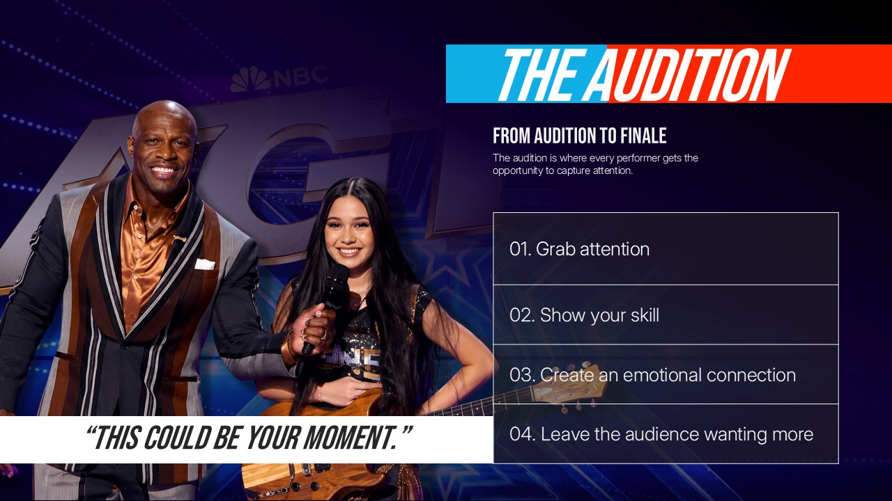 Americas Got Talent Show Golden Buzzer Moment Template - Full-bleed red curtain background with massive gold typography and confetti particle overlay