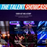 Americas Got Talent Show Live Show Stages Template - Split layout with four bordered process steps and spotlight performance photo on dark navy background