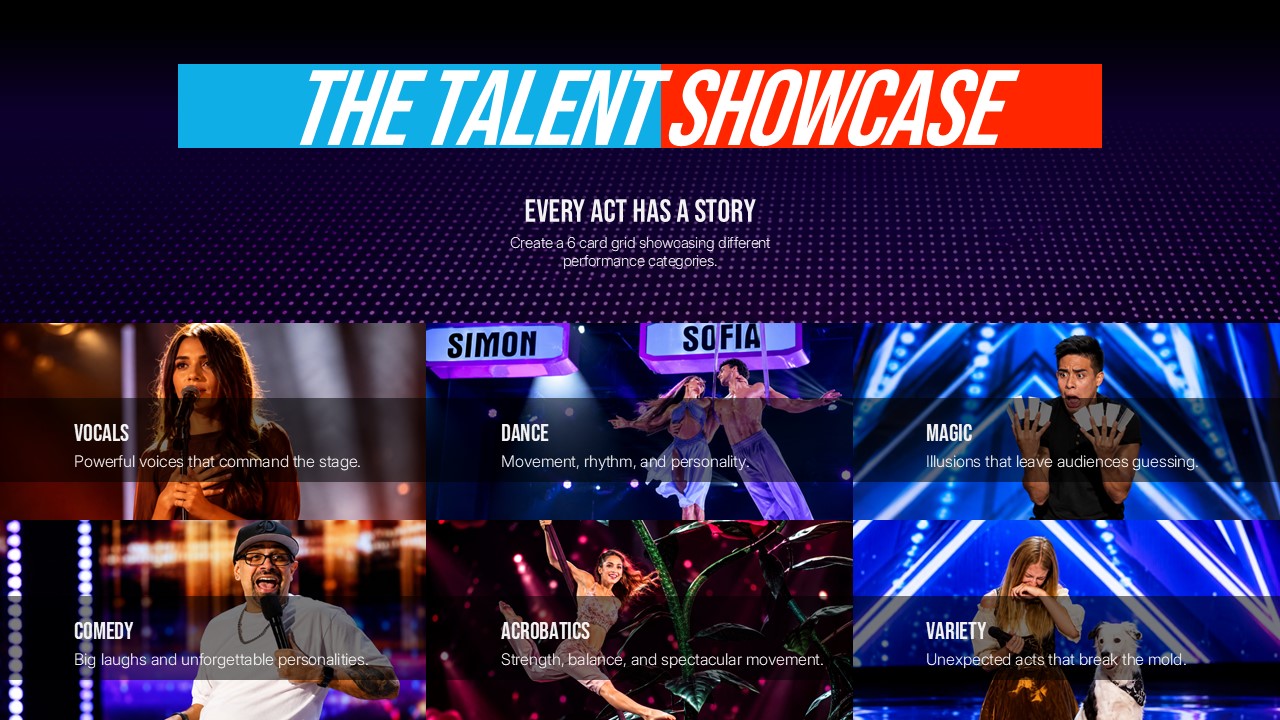Americas Got Talent Show Live Show Stages Template - Split layout with four bordered process steps and spotlight performance photo on dark navy background