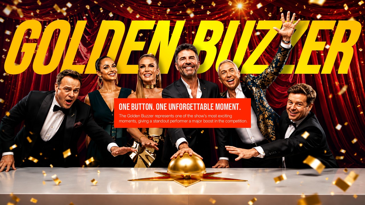 Americas Got Talent Show Talent Showcase Template - Six-card performance category grid with photo panels and bold white labels on dark navy background