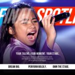 Americas Got Talent Show Welcome Template - Split layout with cast photography, neon bokeh stage lighting, and structured talent categories overview table