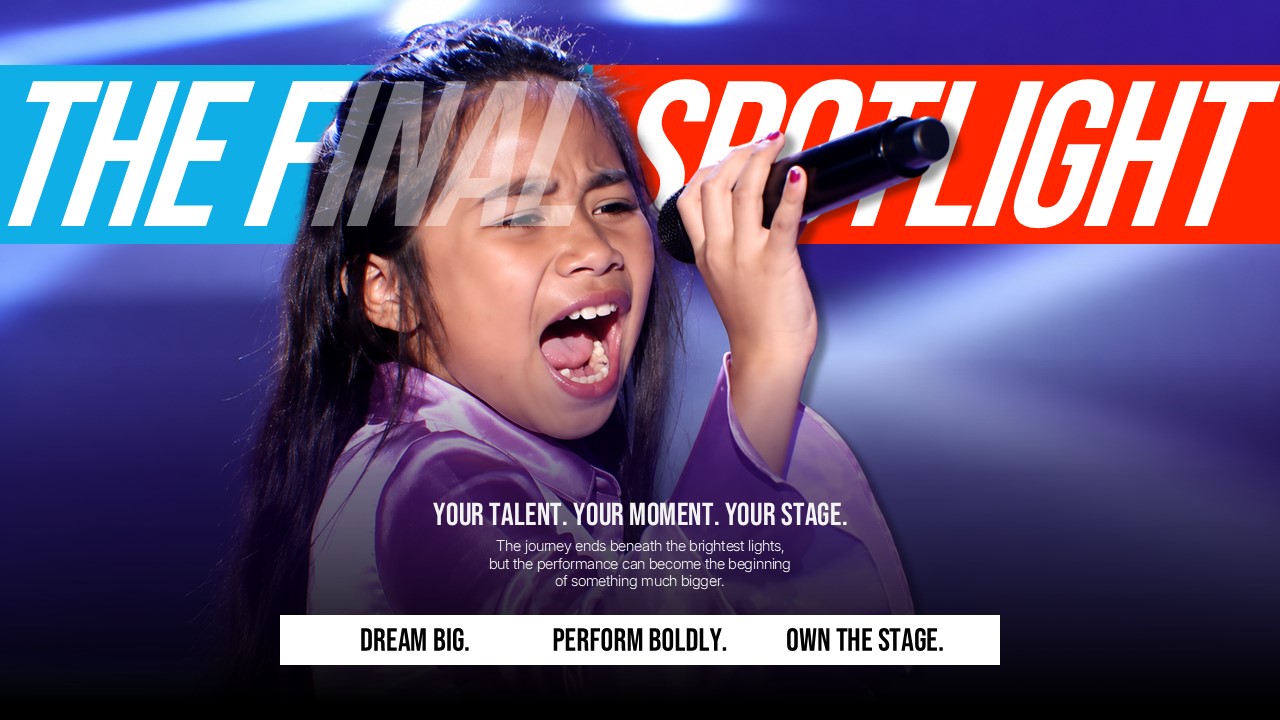 Americas Got Talent Show Welcome Template - Split layout with cast photography, neon bokeh stage lighting, and structured talent categories overview table