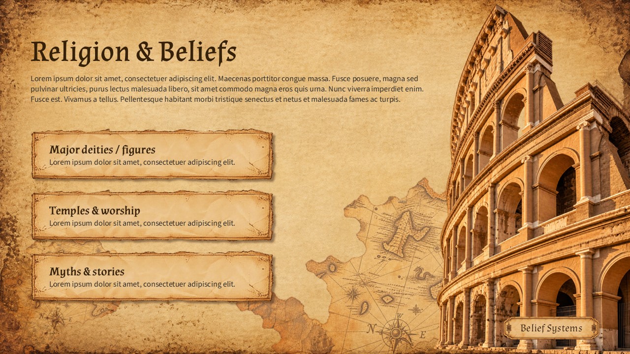 Ancient Civilization Template - Achievements slide to showcase six innovations like writing, architecture, and trade