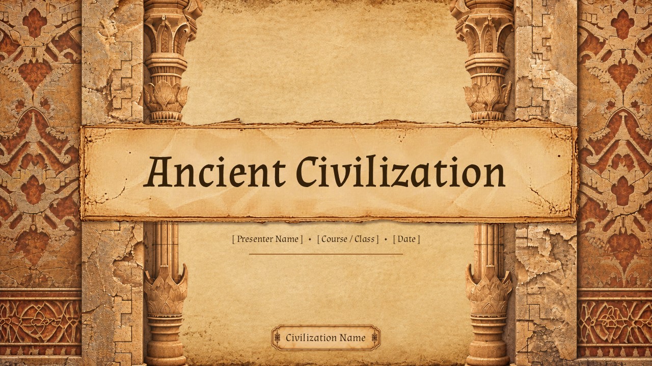Ancient Civilization Template - Title slide with stone columns and parchment scroll to open history presentations