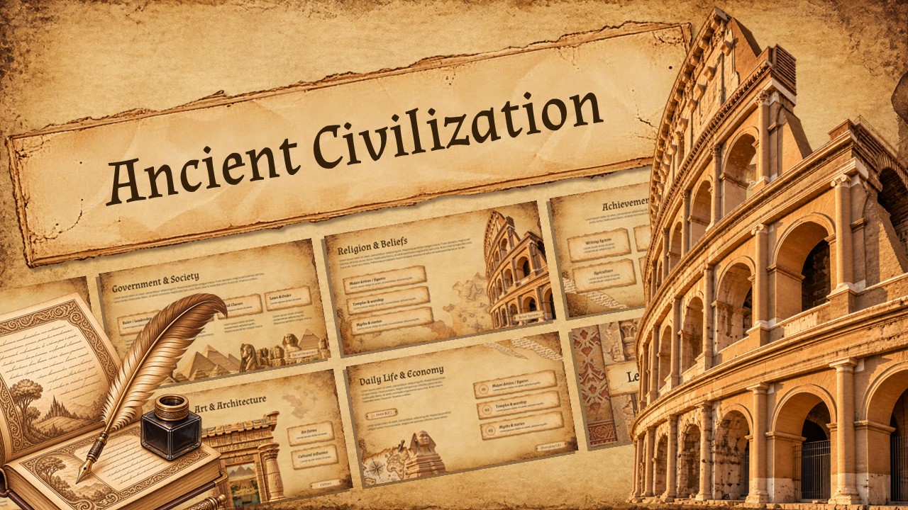 Ancient Civilization Template - 10-slide history presentation set with parchment textures and Roman Colosseum visuals