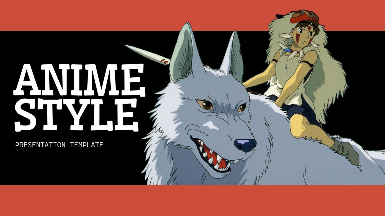 Anime Style Google Slides Template - Alternate cover slide with vibrant Ghibli-inspired sky background and red title banner
