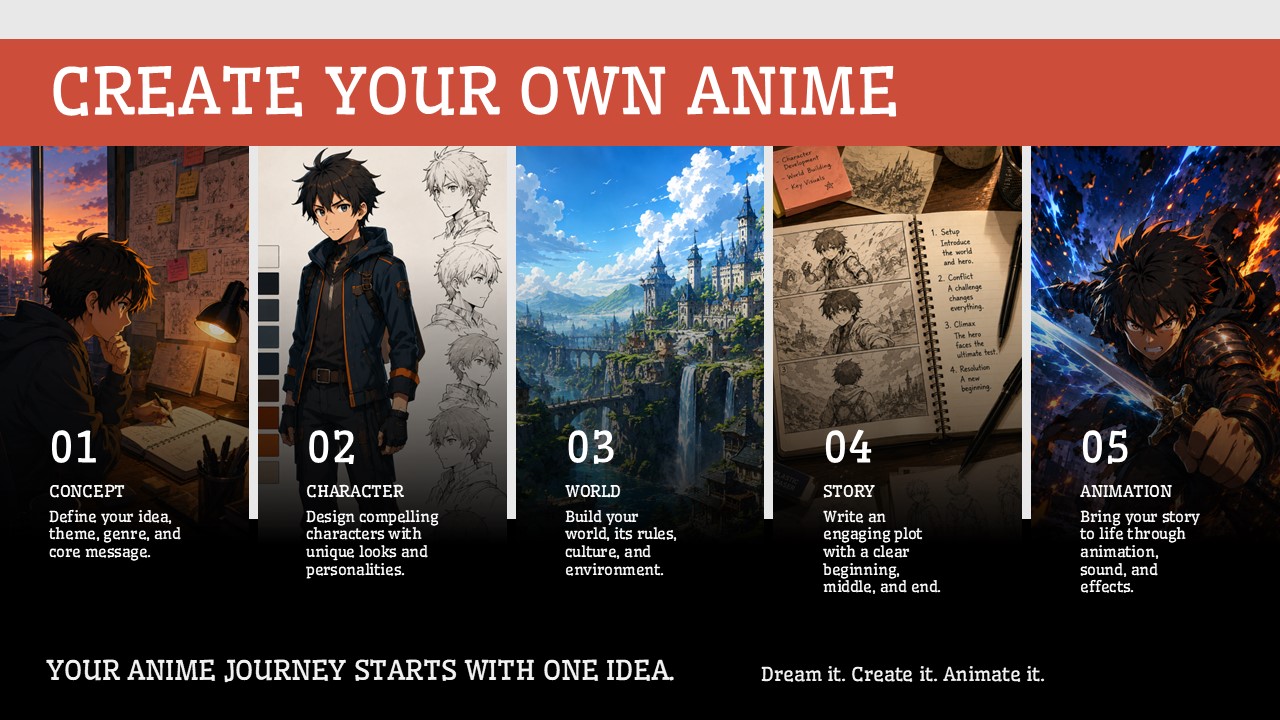 Anime Style Template - Closing thank-you slide with flanking One Piece characters and a bold motivational closing statement