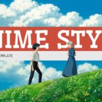 Anime Style Template - Universe overview slide with three feature cards for Storytelling, Visual Art, and Global Impact