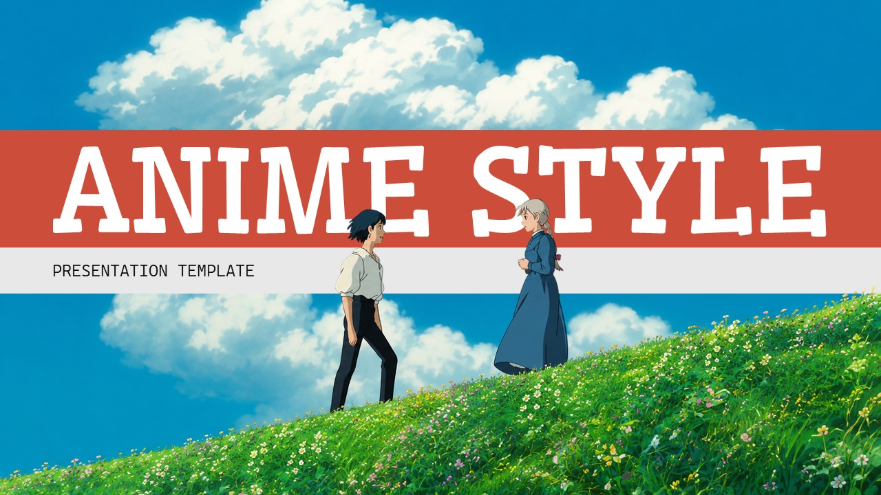 Anime Style Template - Universe overview slide with three feature cards for Storytelling, Visual Art, and Global Impact